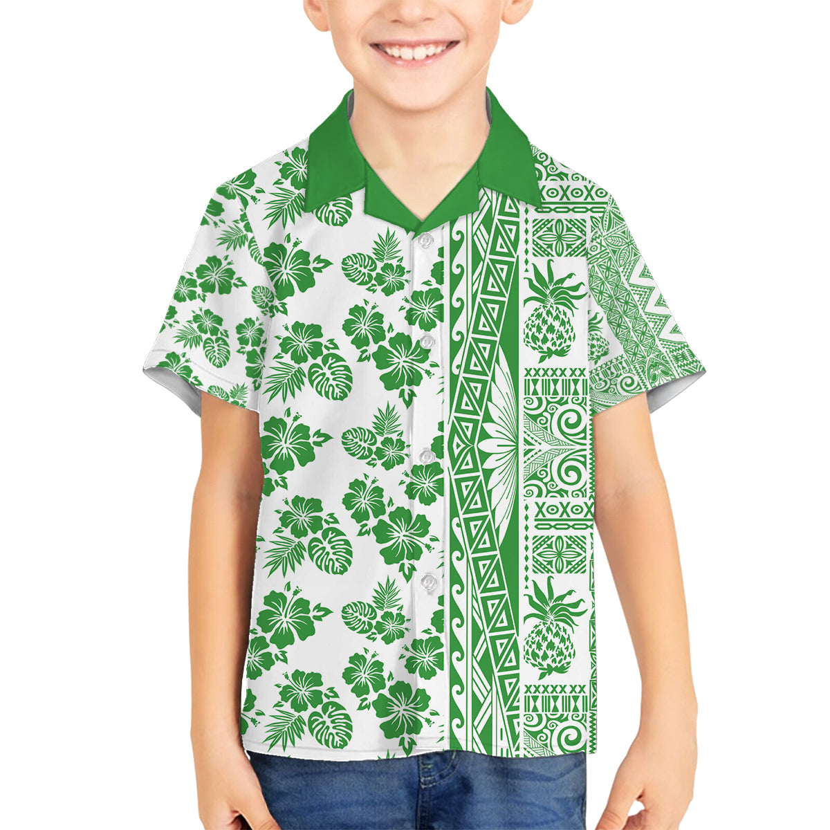 Hawaii Family Matching Off Shoulder Maxi Dress and Hawaiian Shirt Aloha Tropical Plants Tribal Pattern Green Version LT03 Son's Shirt Green - Polynesian Pride