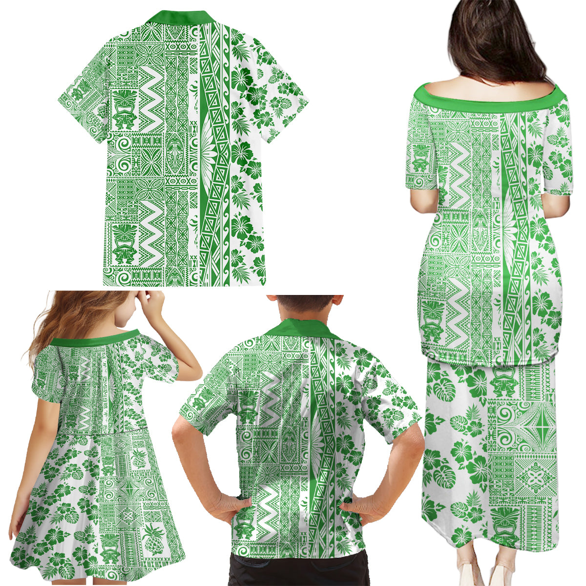 Hawaii Family Matching Puletasi Dress and Hawaiian Shirt Aloha Tropical Plants Tribal Pattern Green Version LT03 - Polynesian Pride