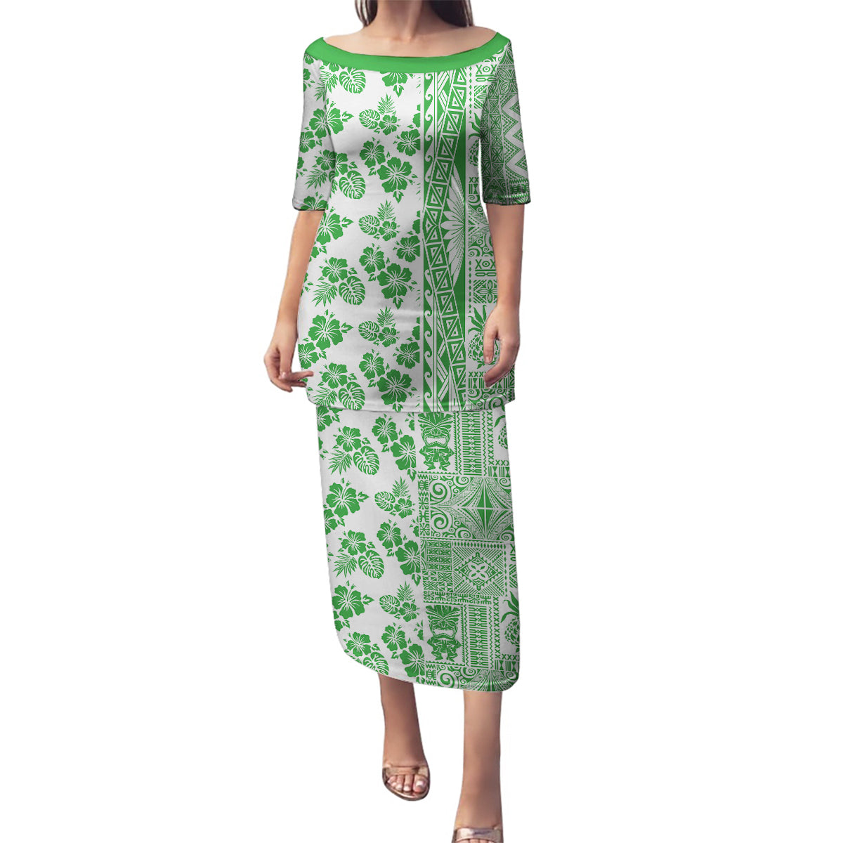 Hawaii Family Matching Puletasi Dress and Hawaiian Shirt Aloha Tropical Plants Tribal Pattern Green Version LT03 Mom's Dress Green - Polynesian Pride