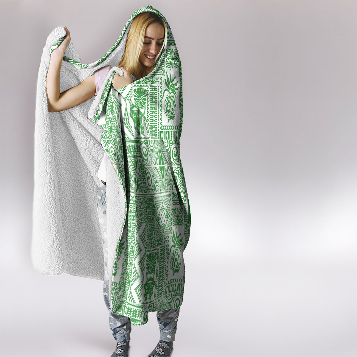 Hawaii Hooded Blanket Aloha Tropical Plants Tribal Pattern Green Version LT03 - Polynesian Pride