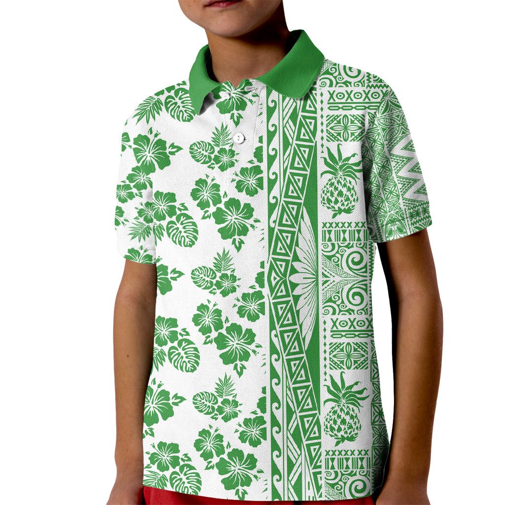 Hawaii Kid Polo Shirt Aloha Tropical Plants Tribal Pattern Green Version LT03 Kid Green - Polynesian Pride