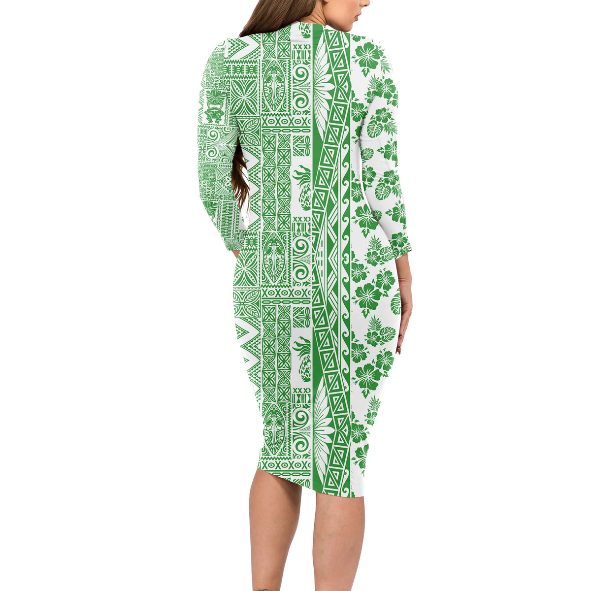 Hawaii Long Sleeve Bodycon Dress Aloha Tropical Plants Tribal Pattern Green Version LT03 - Polynesian Pride