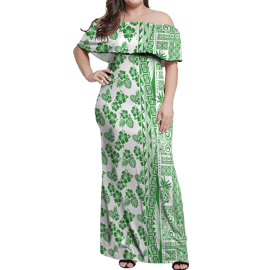 Hawaii Off Shoulder Maxi Dress Aloha Tropical Plants Tribal Pattern Green Version LT03 Women Green - Polynesian Pride