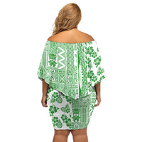 Hawaii Off Shoulder Short Dress Aloha Tropical Plants Tribal Pattern Green Version LT03 - Polynesian Pride