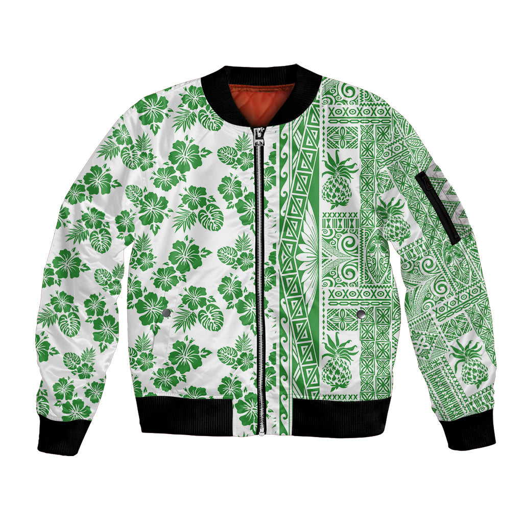 Hawaii Sleeve Zip Bomber Jacket Aloha Tropical Plants Tribal Pattern Green Version LT03 Unisex Green - Polynesian Pride