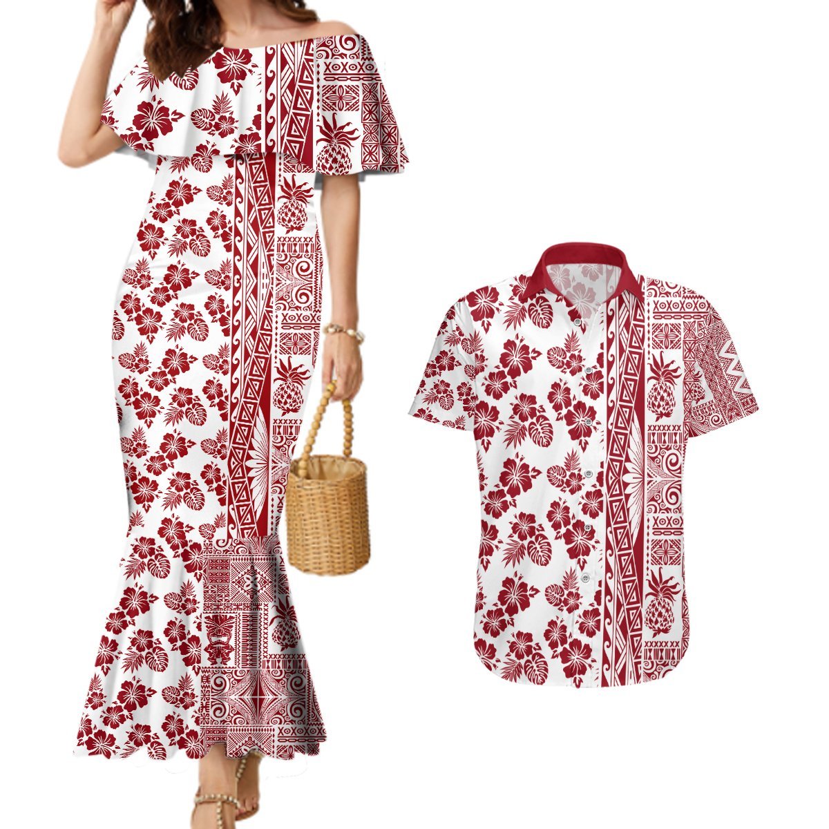 Hawaii Couples Matching Mermaid Dress and Hawaiian Shirt Aloha Tropical Plants Tribal Pattern Red Version LT03 Red - Polynesian Pride