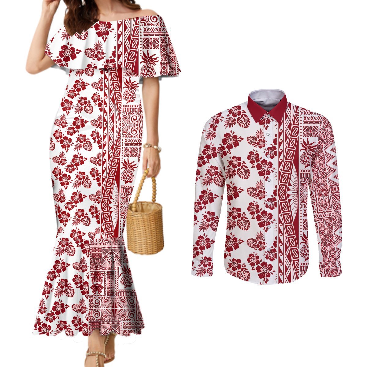 Hawaii Couples Matching Mermaid Dress and Long Sleeve Button Shirt Aloha Tropical Plants Tribal Pattern Red Version LT03 Red - Polynesian Pride