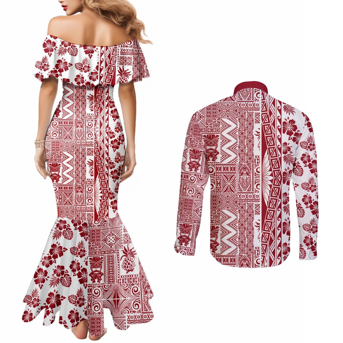 Hawaii Couples Matching Mermaid Dress and Long Sleeve Button Shirt Aloha Tropical Plants Tribal Pattern Red Version LT03 - Polynesian Pride
