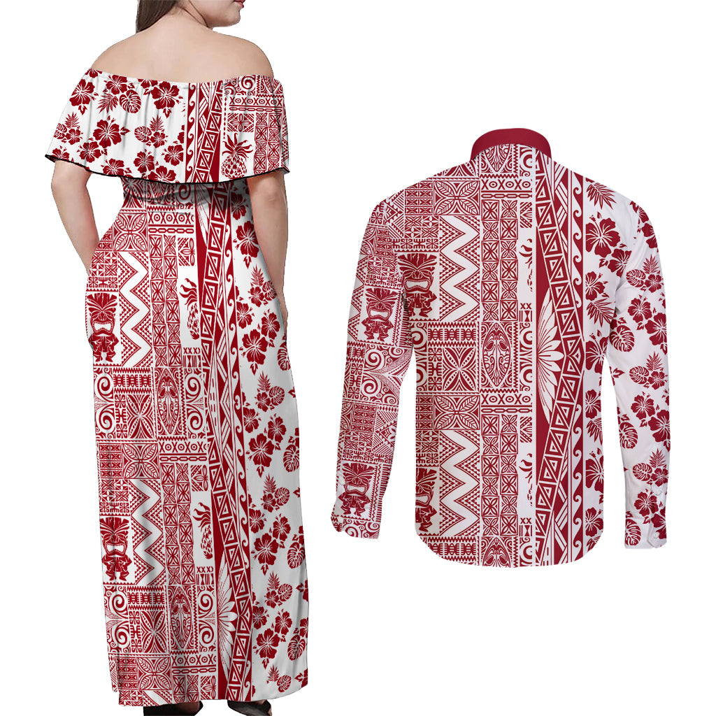 Hawaii Couples Matching Off Shoulder Maxi Dress and Long Sleeve Button Shirt Aloha Tropical Plants Tribal Pattern Red Version LT03 - Polynesian Pride