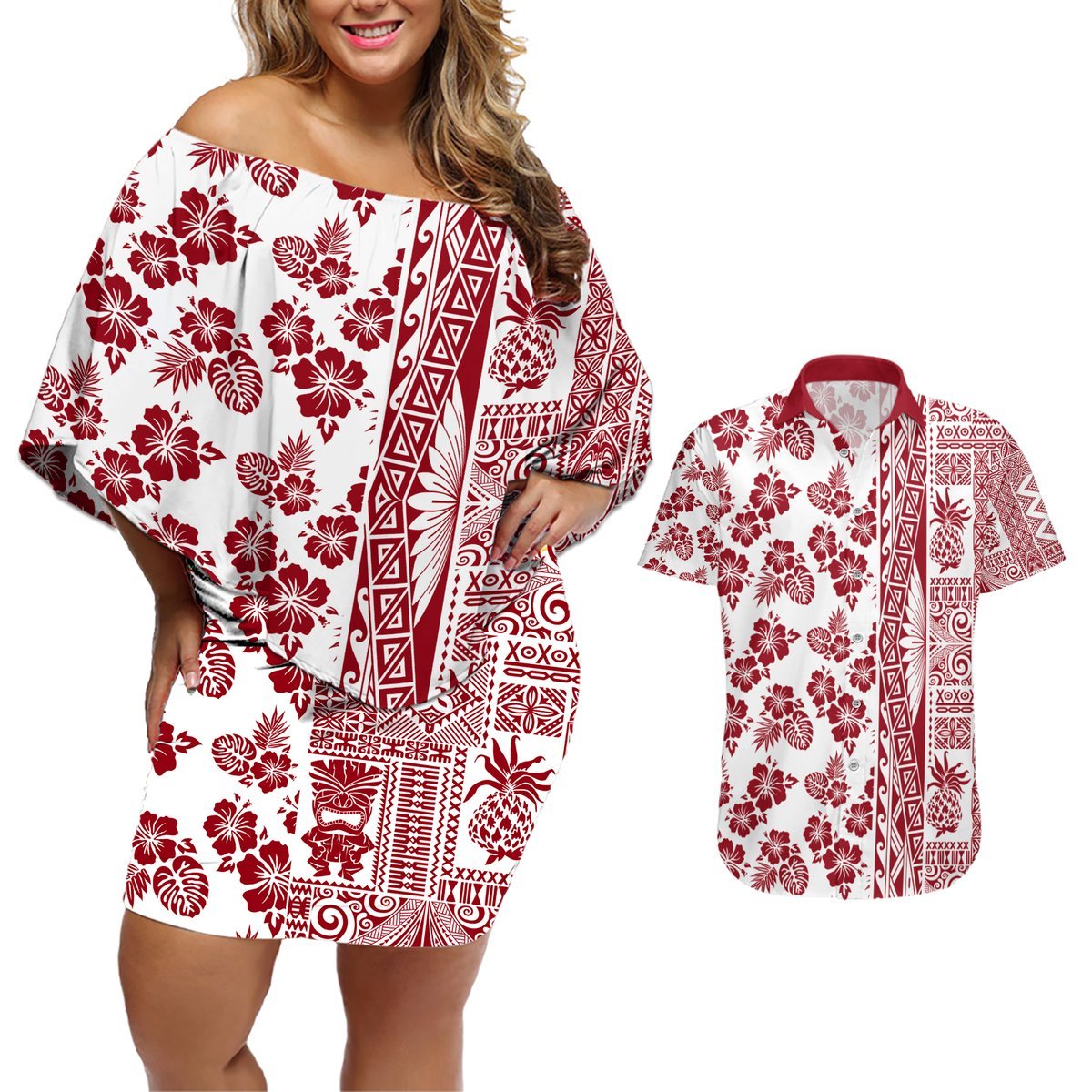 Hawaii Couples Matching Off Shoulder Short Dress and Hawaiian Shirt Aloha Tropical Plants Tribal Pattern Red Version LT03 Red - Polynesian Pride
