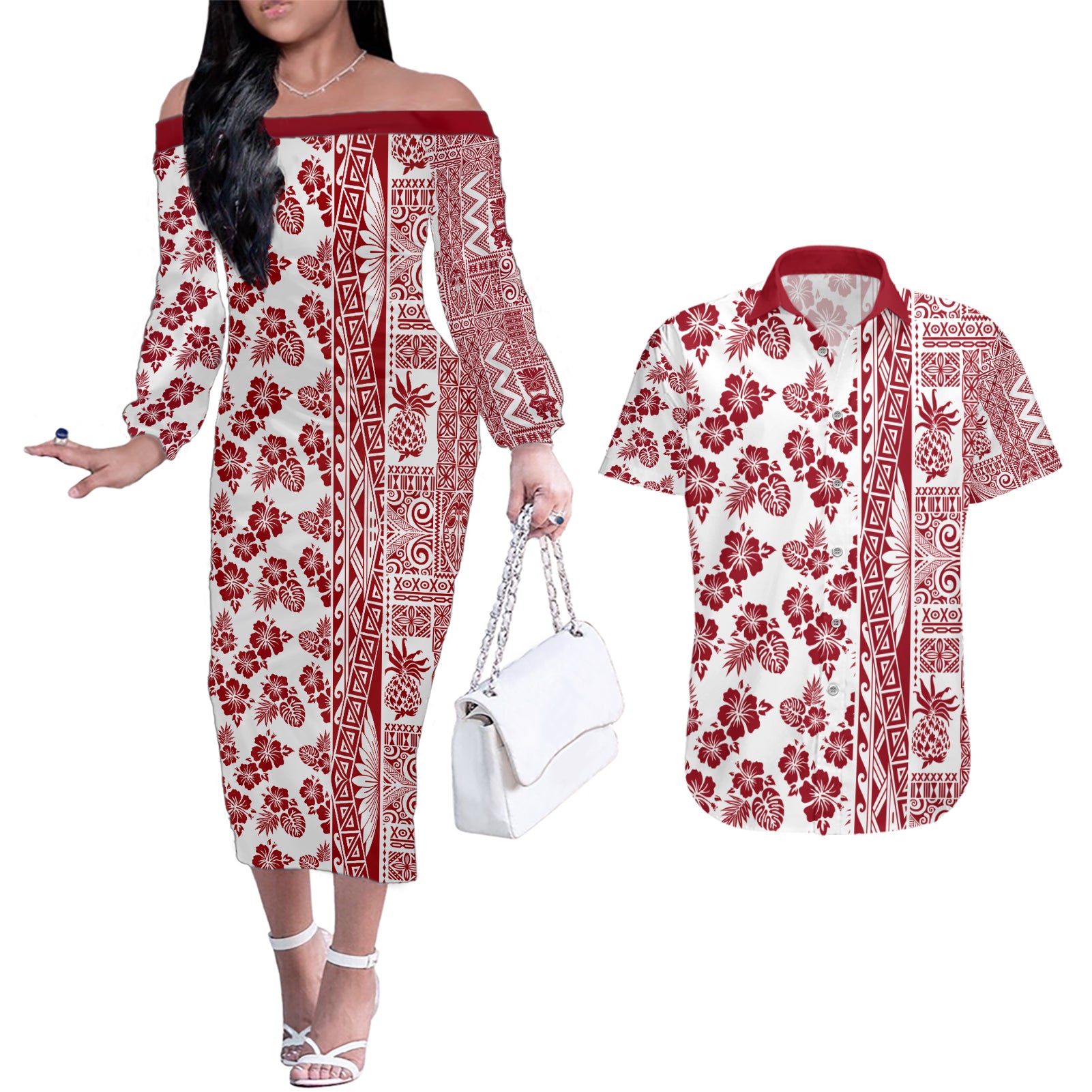 Hawaii Couples Matching Off The Shoulder Long Sleeve Dress and Hawaiian Shirt Aloha Tropical Plants Tribal Pattern Red Version LT03 Red - Polynesian Pride