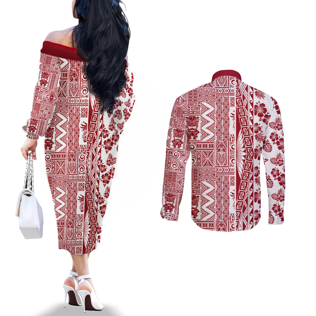 Hawaii Couples Matching Off The Shoulder Long Sleeve Dress and Long Sleeve Button Shirt Aloha Tropical Plants Tribal Pattern Red Version LT03 - Polynesian Pride