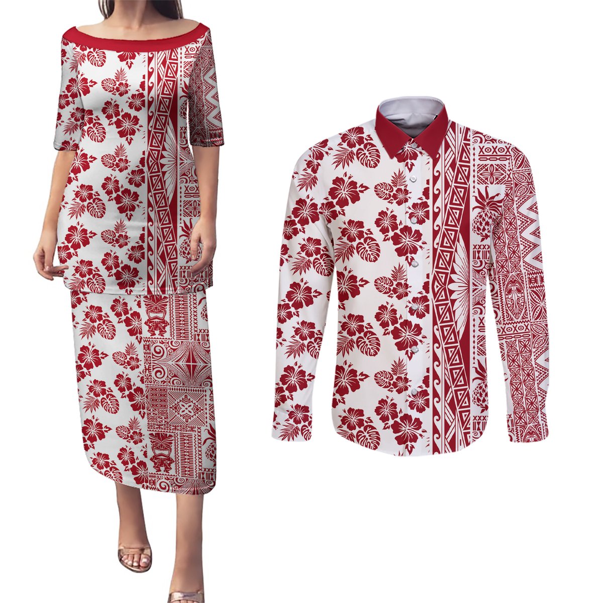 Hawaii Couples Matching Puletasi Dress and Long Sleeve Button Shirt Aloha Tropical Plants Tribal Pattern Red Version LT03 Red - Polynesian Pride
