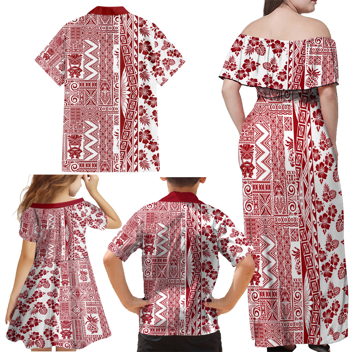Hawaii Family Matching Off Shoulder Maxi Dress and Hawaiian Shirt Aloha Tropical Plants Tribal Pattern Red Version LT03 - Polynesian Pride
