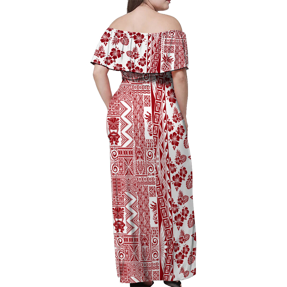 Hawaii Family Matching Off Shoulder Maxi Dress and Hawaiian Shirt Aloha Tropical Plants Tribal Pattern Red Version LT03 - Polynesian Pride