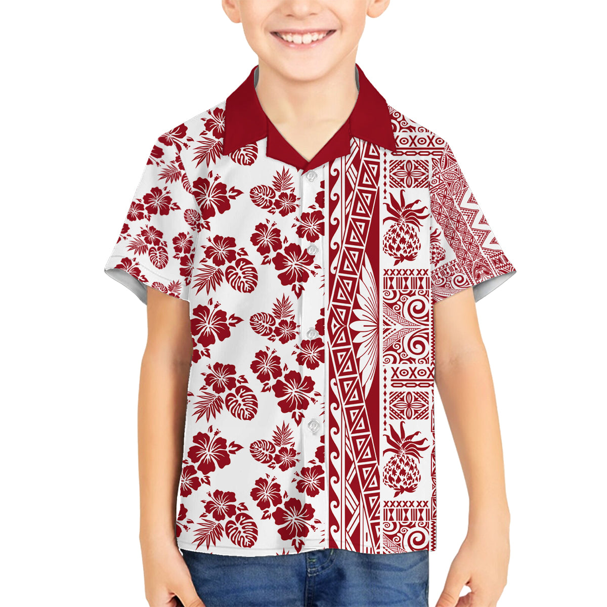 Hawaii Family Matching Off Shoulder Short Dress and Hawaiian Shirt Aloha Tropical Plants Tribal Pattern Red Version LT03 Son's Shirt Red - Polynesian Pride