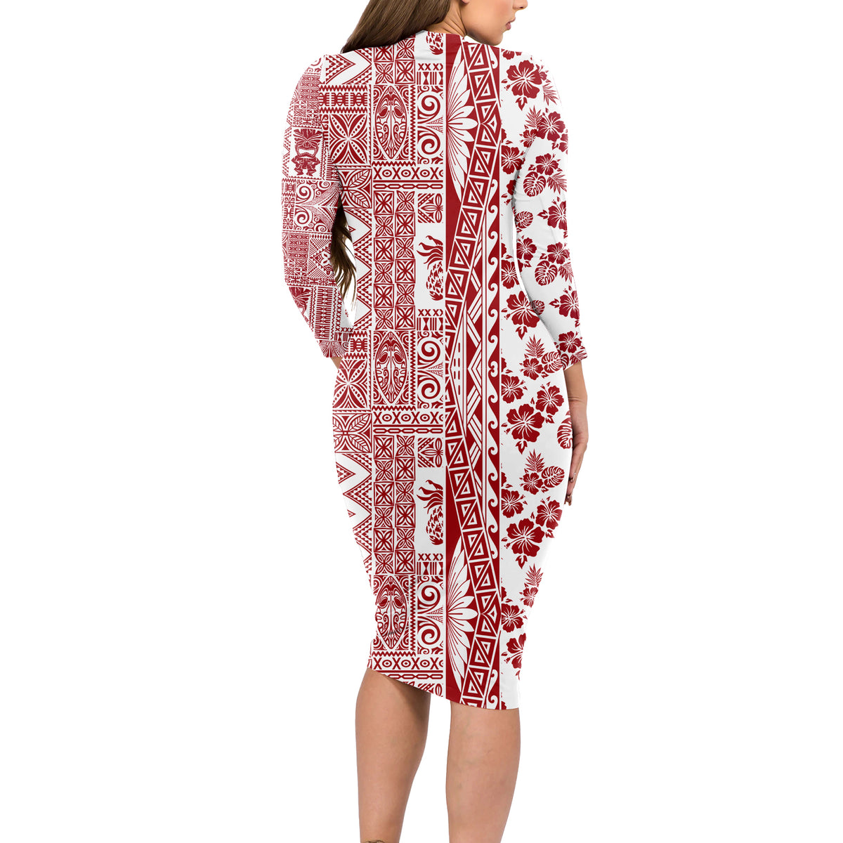 Hawaii Long Sleeve Bodycon Dress Aloha Tropical Plants Tribal Pattern Red Version LT03 - Polynesian Pride