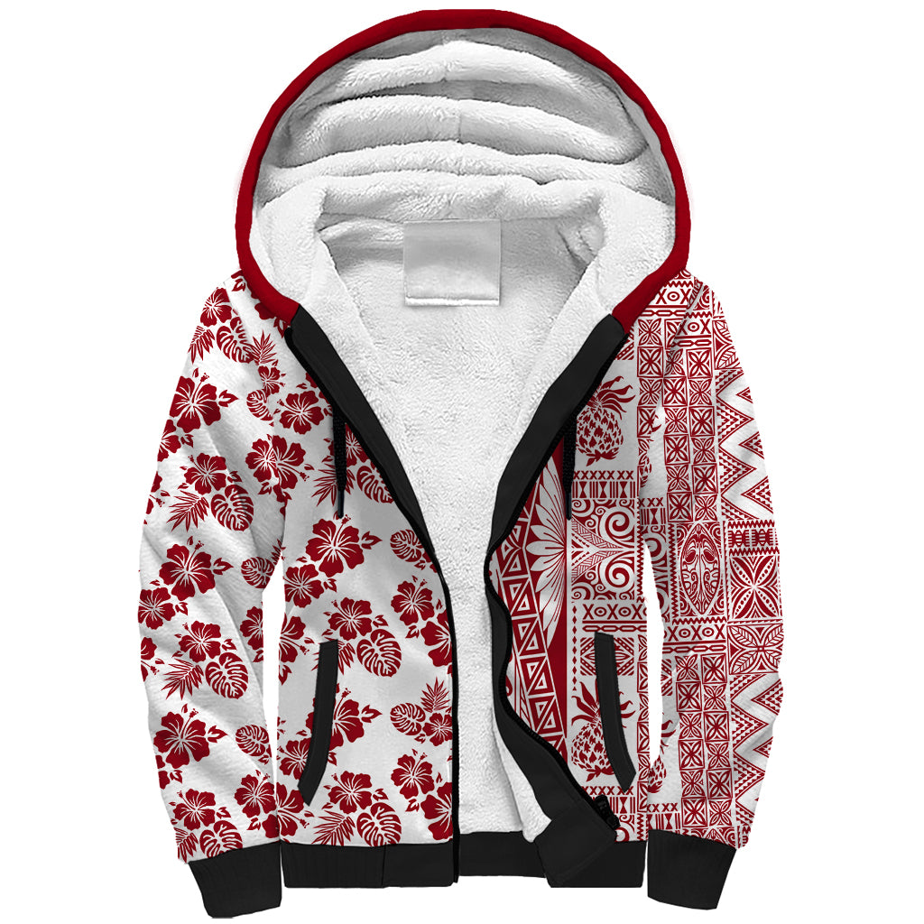 Hawaii Sherpa Hoodie Aloha Tropical Plants Tribal Pattern Red Version LT03 Unisex Red - Polynesian Pride