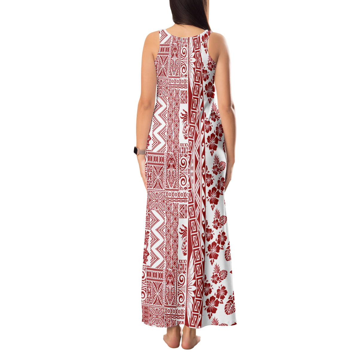 Hawaii Tank Maxi Dress Aloha Tropical Plants Tribal Pattern Red Version LT03 - Polynesian Pride
