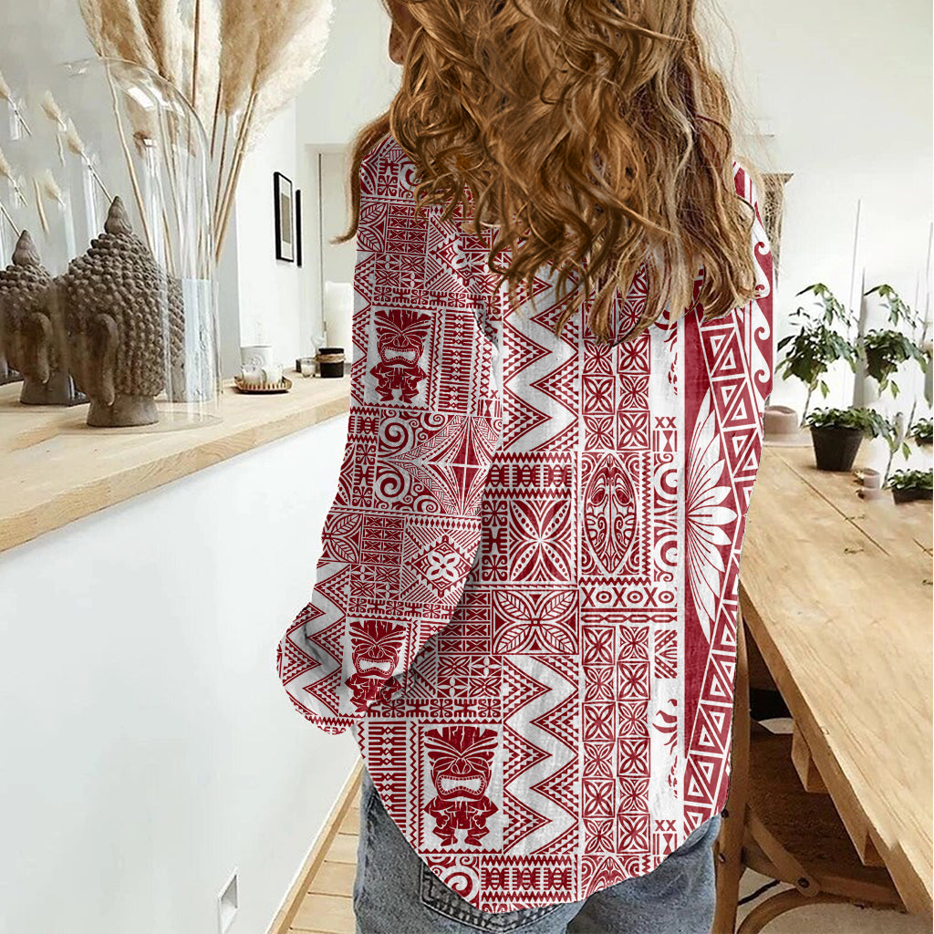 Hawaii Women Casual Shirt Aloha Tropical Plants Tribal Pattern Red Version LT03 - Polynesian Pride