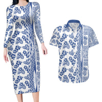 Hawaii Couples Matching Long Sleeve Bodycon Dress and Hawaiian Shirt Aloha Tropical Plants Tribal Pattern Blue Version LT03 Blue - Polynesian Pride