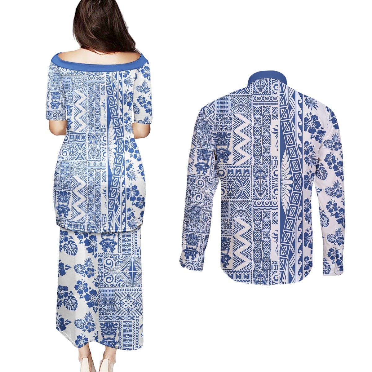 Hawaii Couples Matching Puletasi Dress and Long Sleeve Button Shirt Aloha Tropical Plants Tribal Pattern Blue Version LT03 - Polynesian Pride