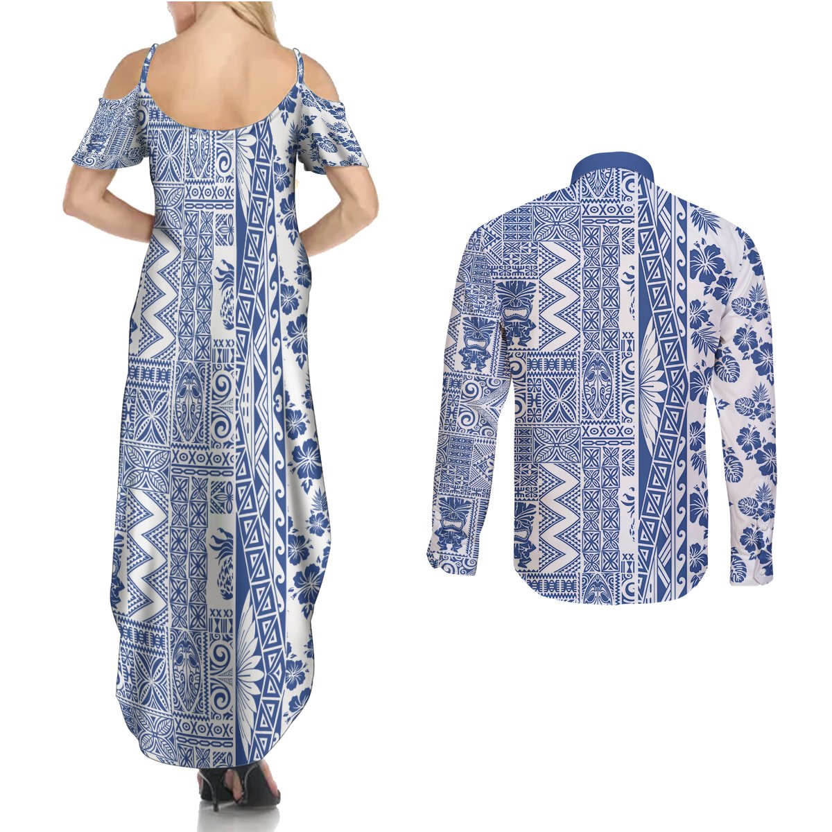 Hawaii Couples Matching Summer Maxi Dress and Long Sleeve Button Shirt Aloha Tropical Plants Tribal Pattern Blue Version LT03 - Polynesian Pride