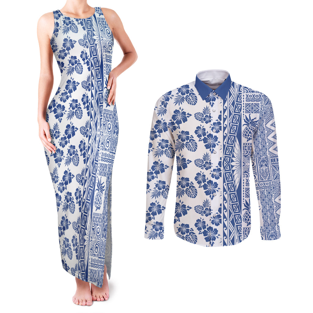 Hawaii Couples Matching Tank Maxi Dress and Long Sleeve Button Shirt Aloha Tropical Plants Tribal Pattern Blue Version LT03 Blue - Polynesian Pride