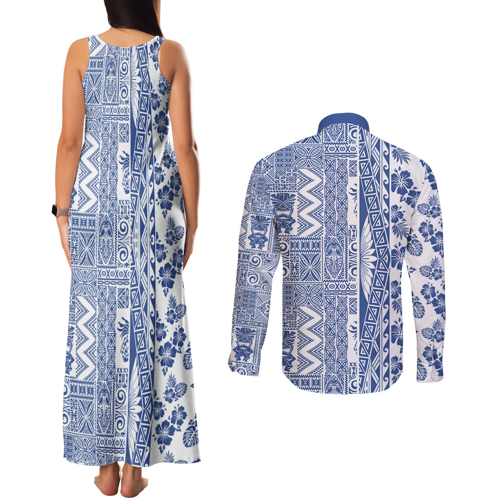 Hawaii Couples Matching Tank Maxi Dress and Long Sleeve Button Shirt Aloha Tropical Plants Tribal Pattern Blue Version LT03 - Polynesian Pride