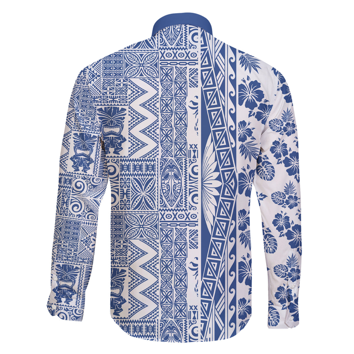 Hawaii Family Matching Long Sleeve Bodycon Dress and Hawaiian Shirt Aloha Tropical Plants Tribal Pattern Blue Version LT03 - Polynesian Pride