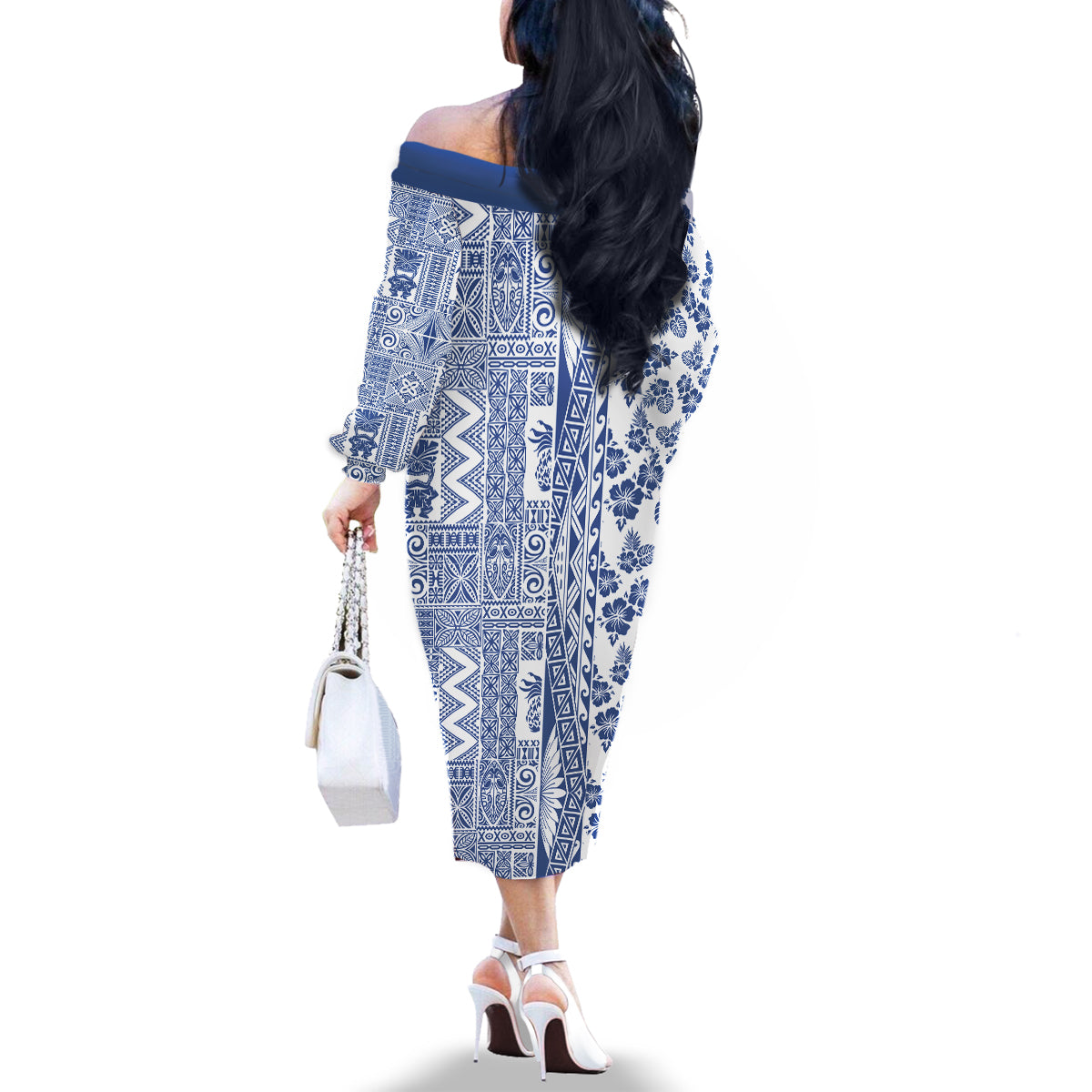 Hawaii Family Matching Off Shoulder Long Sleeve Dress and Hawaiian Shirt Aloha Tropical Plants Tribal Pattern Blue Version LT03 - Polynesian Pride