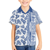 Hawaii Family Matching Off Shoulder Long Sleeve Dress and Hawaiian Shirt Aloha Tropical Plants Tribal Pattern Blue Version LT03 Son's Shirt Blue - Polynesian Pride