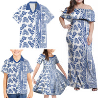 Hawaii Family Matching Off Shoulder Maxi Dress and Hawaiian Shirt Aloha Tropical Plants Tribal Pattern Blue Version LT03 - Polynesian Pride