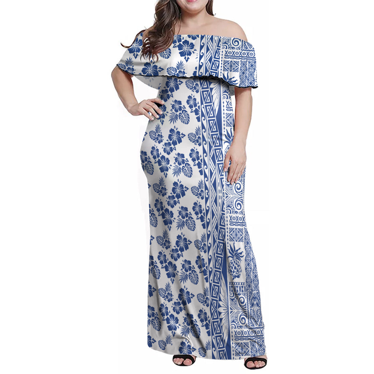 Hawaii Family Matching Off Shoulder Maxi Dress and Hawaiian Shirt Aloha Tropical Plants Tribal Pattern Blue Version LT03 Mom's Dress Blue - Polynesian Pride