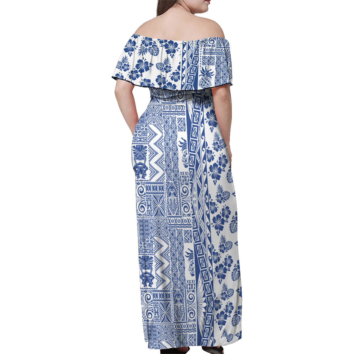 Hawaii Family Matching Off Shoulder Maxi Dress and Hawaiian Shirt Aloha Tropical Plants Tribal Pattern Blue Version LT03 - Polynesian Pride
