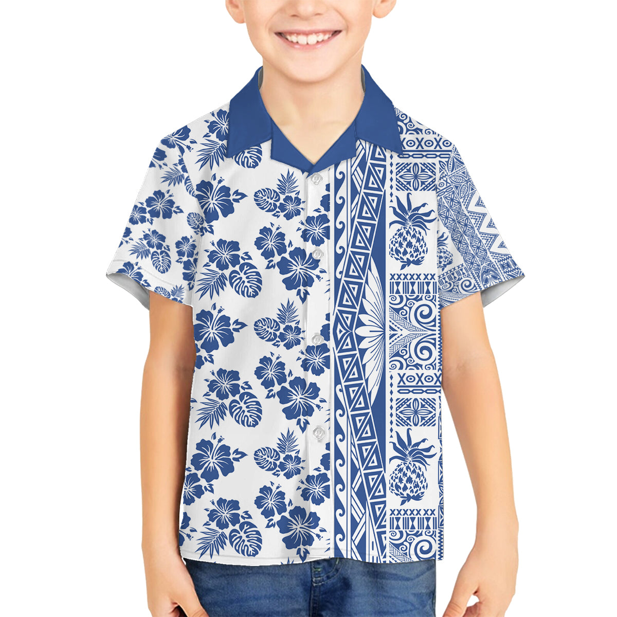 Hawaii Family Matching Puletasi Dress and Hawaiian Shirt Aloha Tropical Plants Tribal Pattern Blue Version LT03 Son's Shirt Blue - Polynesian Pride