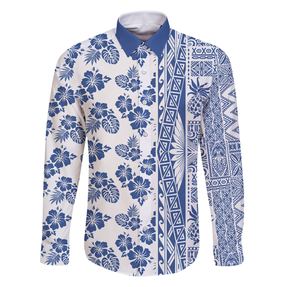 Hawaii Family Matching Tank Maxi Dress and Hawaiian Shirt Aloha Tropical Plants Tribal Pattern Blue Version LT03 Dad's Shirt - Long Sleeve Blue - Polynesian Pride