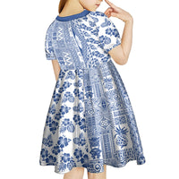 Hawaii Kid Short Sleeve Dress Aloha Tropical Plants Tribal Pattern Blue Version LT03 - Polynesian Pride