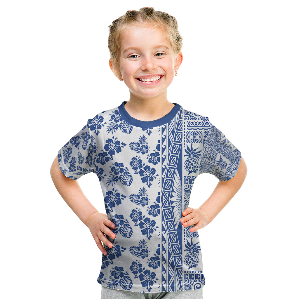 Hawaii Kid T Shirt Aloha Tropical Plants Tribal Pattern Blue Version LT03 Blue - Polynesian Pride