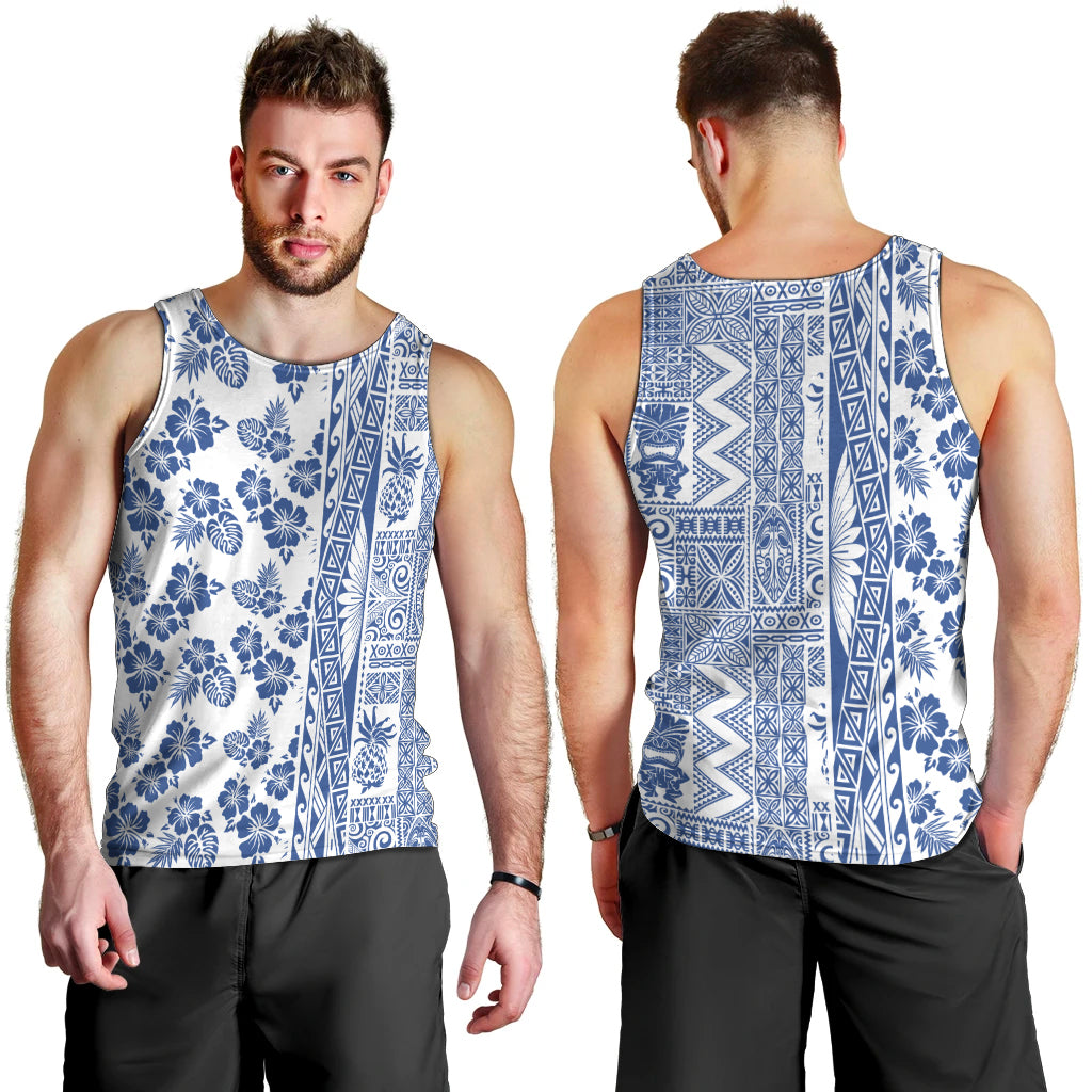 Hawaii Men Tank Top Aloha Tropical Plants Tribal Pattern Blue Version LT03 - Polynesian Pride