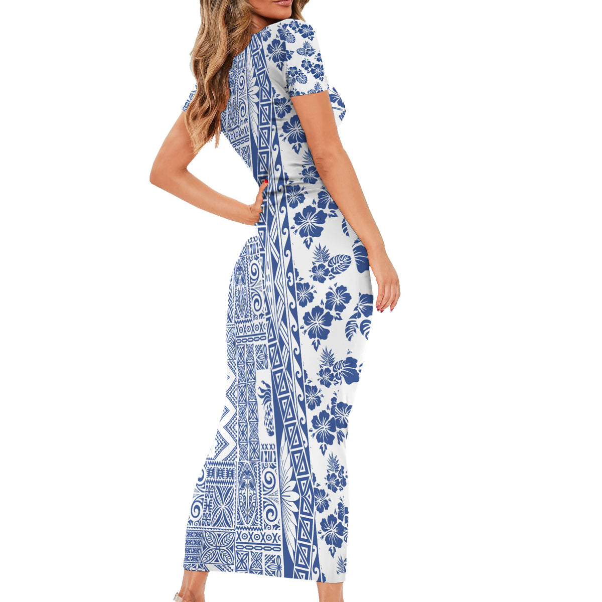 Hawaii Short Sleeve Bodycon Dress Aloha Tropical Plants Tribal Pattern Blue Version LT03 - Polynesian Pride