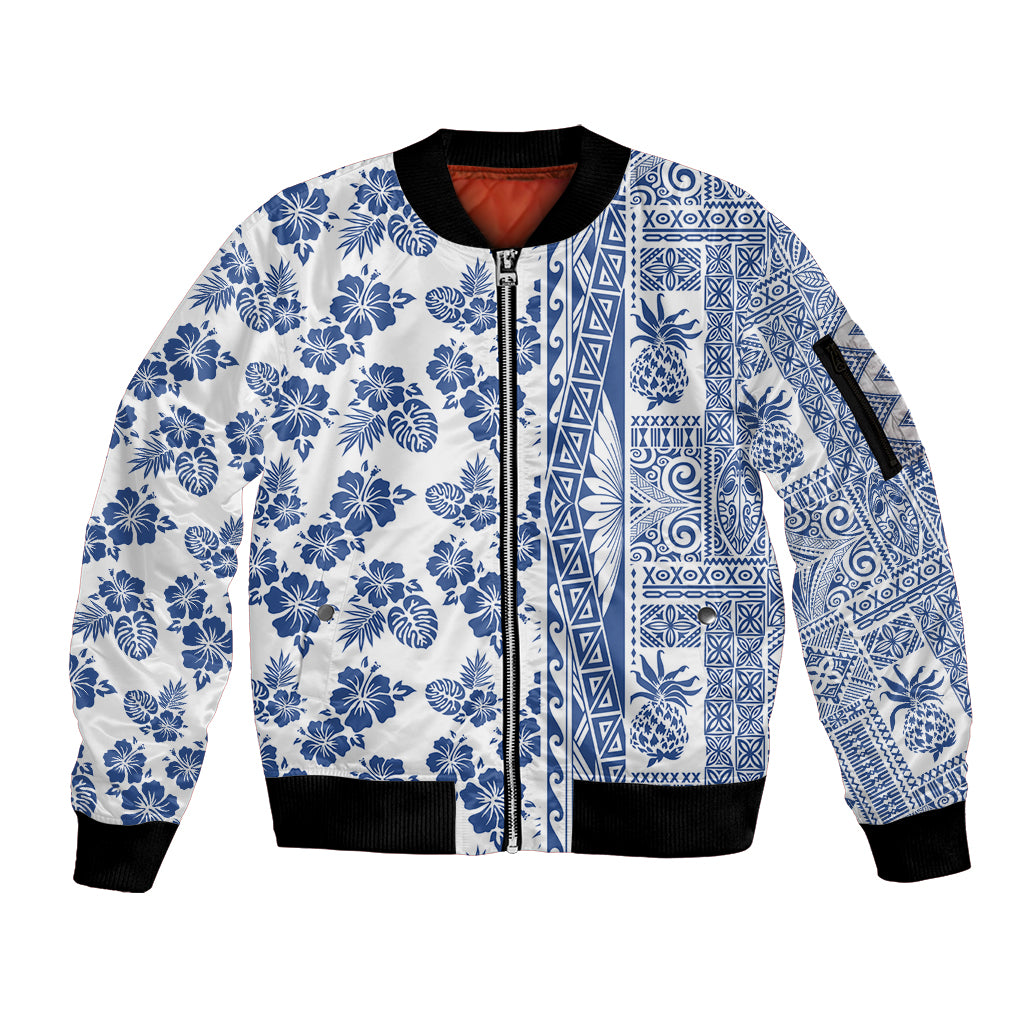 Hawaii Sleeve Zip Bomber Jacket Aloha Tropical Plants Tribal Pattern Blue Version LT03 Unisex Blue - Polynesian Pride