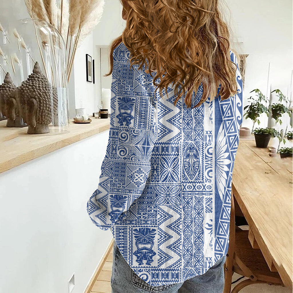 Hawaii Women Casual Shirt Aloha Tropical Plants Tribal Pattern Blue Version LT03 - Polynesian Pride
