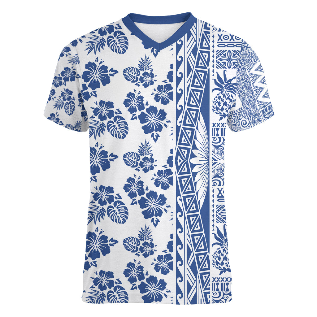Hawaii Women V Neck T Shirt Aloha Tropical Plants Tribal Pattern Blue Version LT03 Female Blue - Polynesian Pride