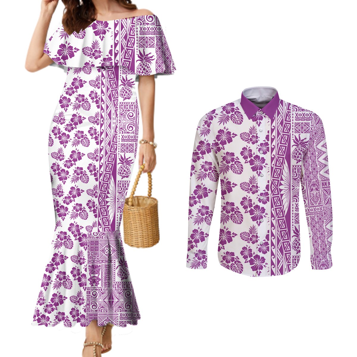 Hawaii Couples Matching Mermaid Dress and Long Sleeve Button Shirt Aloha Tropical Plants Tribal Pattern Pink Version LT03 Pink - Polynesian Pride