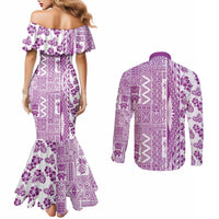 Hawaii Couples Matching Mermaid Dress and Long Sleeve Button Shirt Aloha Tropical Plants Tribal Pattern Pink Version LT03 - Polynesian Pride