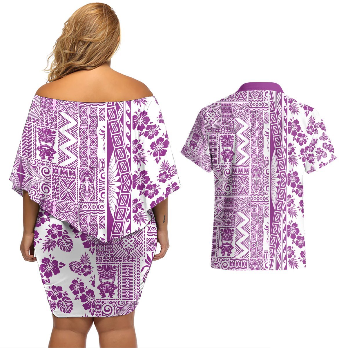 Hawaii Couples Matching Off Shoulder Short Dress and Hawaiian Shirt Aloha Tropical Plants Tribal Pattern Pink Version LT03 - Polynesian Pride