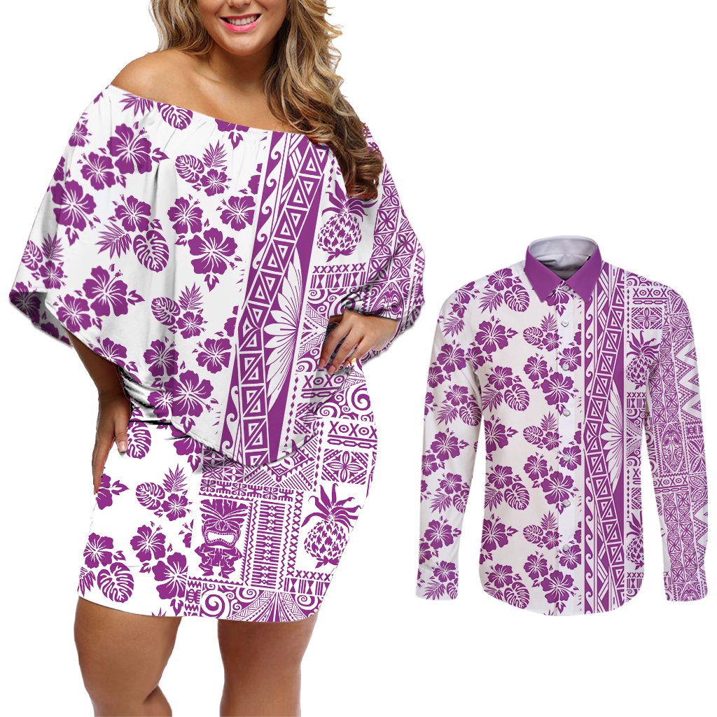 Hawaii Couples Matching Off Shoulder Short Dress and Long Sleeve Button Shirt Aloha Tropical Plants Tribal Pattern Pink Version LT03 Pink - Polynesian Pride