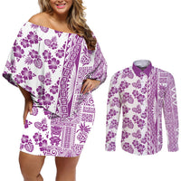 Hawaii Couples Matching Off Shoulder Short Dress and Long Sleeve Button Shirt Aloha Tropical Plants Tribal Pattern Pink Version LT03 Pink - Polynesian Pride