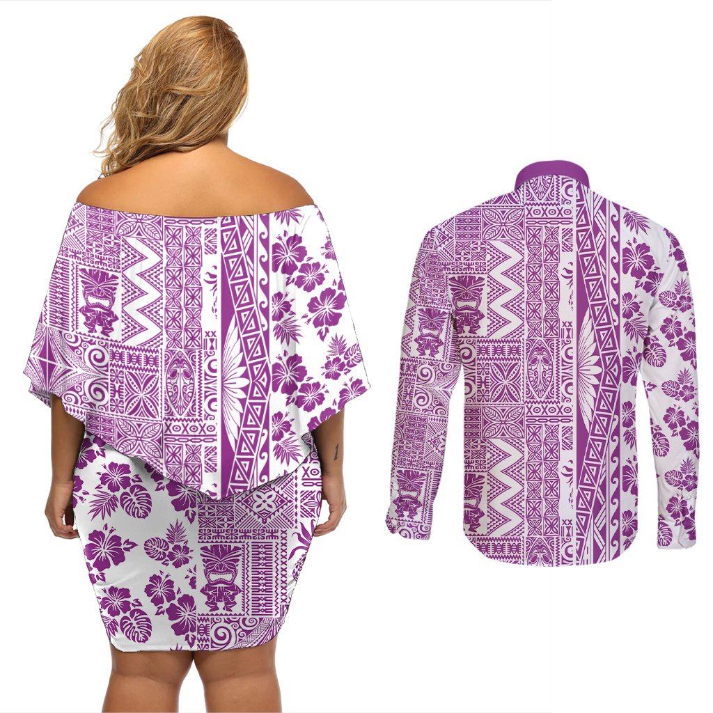 Hawaii Couples Matching Off Shoulder Short Dress and Long Sleeve Button Shirt Aloha Tropical Plants Tribal Pattern Pink Version LT03 - Polynesian Pride